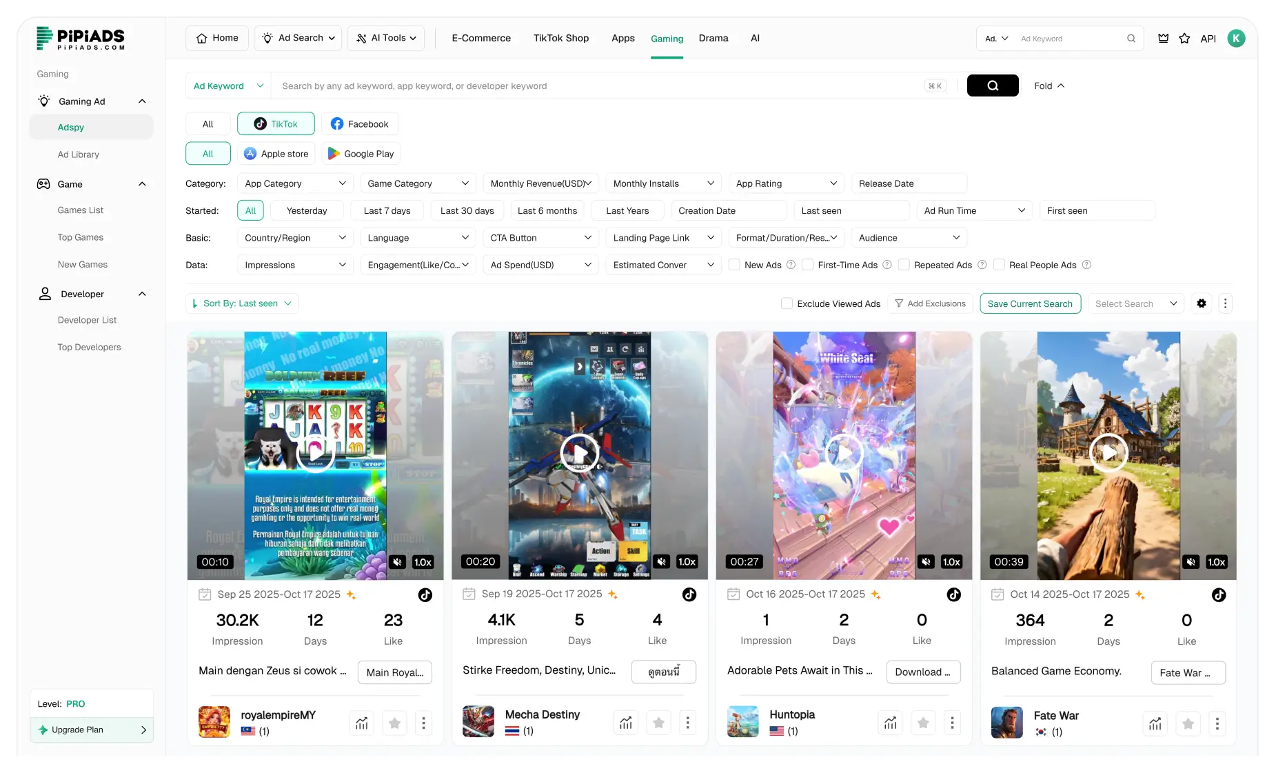 Annunci di giochi su TikTok