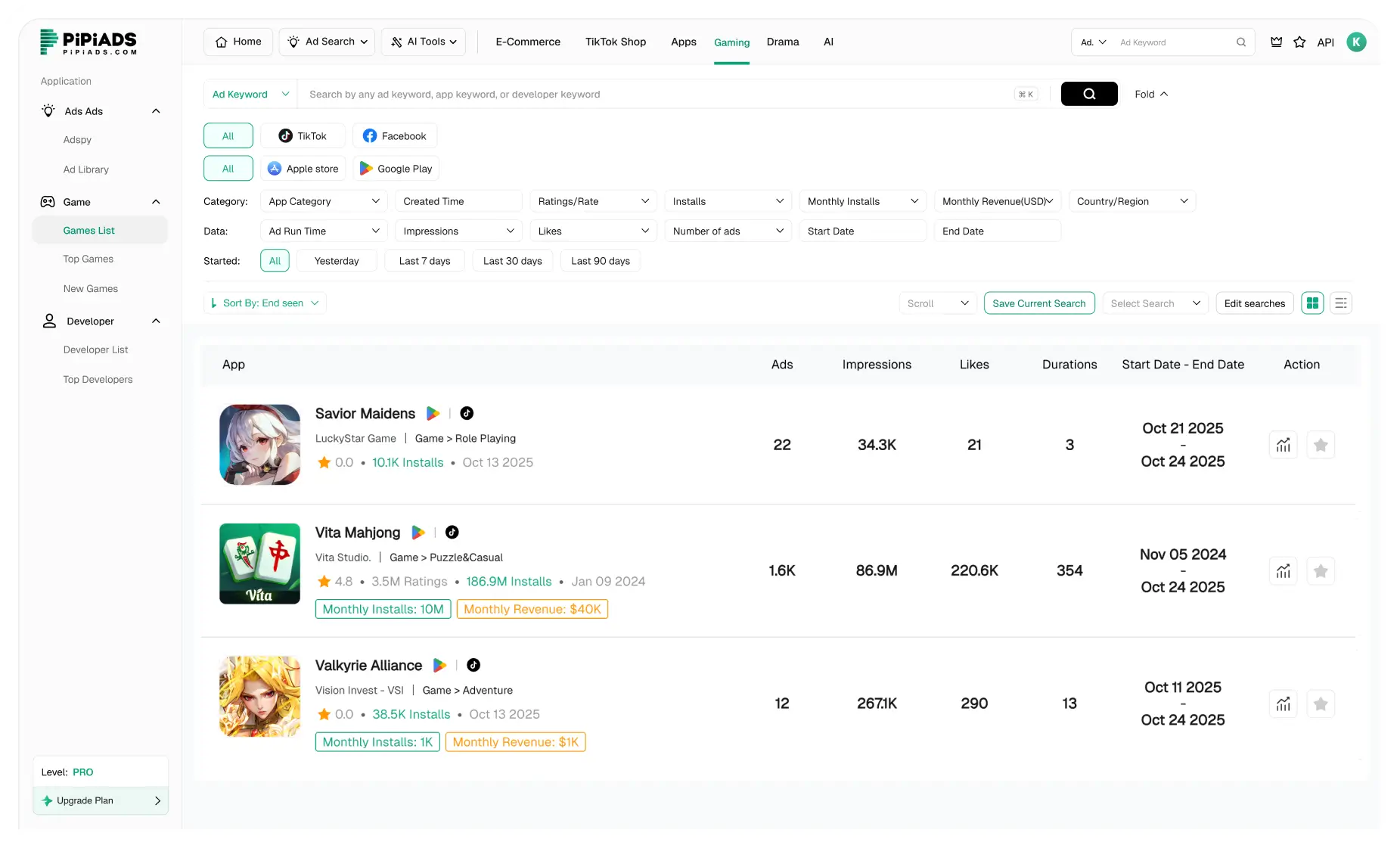 Lista delle app di gioco